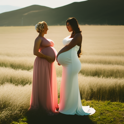 An image showcasing a radiant pregnant bridesmaid, elegantly dressed in a flowing maternity gown, standing next to the glowing bride, highlighting the comfort, style, and inclusivity of a maternity bridesmaid dress