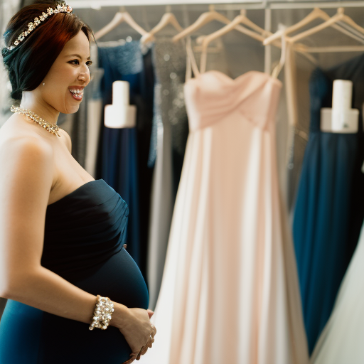 An image showcasing a pregnant bridesmaid trying on a variety of maternity dresses, with a stylist guiding her