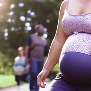 An image showcasing a radiant pregnant woman comfortably strolling through a park, effortlessly rocking a pair of stylish maternity cargo pants