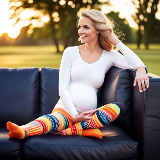 An image showcasing a pair of vibrant, patterned maternity compression socks next to a plain pair of regular socks, highlighting the differences in design, length, and snugness