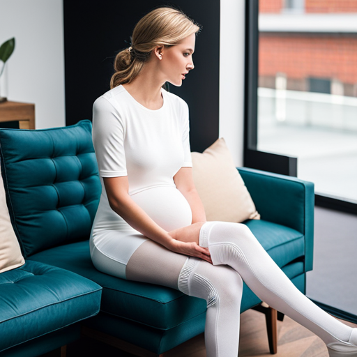 An image showcasing a pregnant woman's legs wearing maternity compression socks, demonstrating proper technique: gently rolling the socks up, ensuring a snug fit from the ankle to the knee, with no wrinkles or bunching