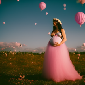 An image capturing the essence of maternity costumes: a radiant expectant mother donning a whimsical fairy costume, her baby bump accentuated by a pastel floral crown, as she gracefully floats among ethereal clouds