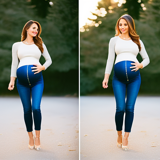 An image showcasing a stylish expecting mom, confidently flaunting her baby bump in a fitted maternity denim skirt