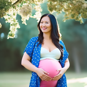 An image capturing a radiant mother-to-be, showcasing her blossoming belly adorned in a stylish, form-fitting maternity denim skirt