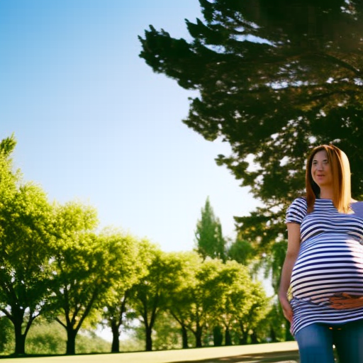  an image of a stylish pregnant woman confidently strolling through a park, wearing a comfortable maternity denim skirt paired with a loose-fitting striped tee and white sneakers