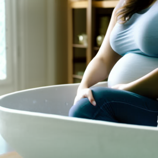 An image showcasing a pregnant woman delicately hand-washing her maternity denim skirt in a basin of lukewarm water, gently scrubbing with a soft brush, and carefully hanging it to dry in a bright, airy room