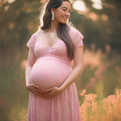 An image showcasing a radiant mother-to-be in a soft pastel pink maternity dress, adorned with delicate floral patterns