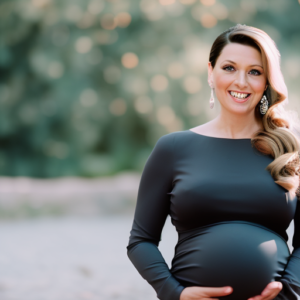 the elegance of motherhood with an image of a radiant mother-to-be, wearing sleek, charcoal gray maternity dress pants that accentuate her curves, paired with a flowing pastel blouse, exuding confidence and grace