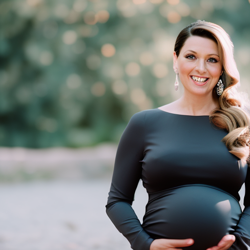  the elegance of motherhood with an image of a radiant mother-to-be, wearing sleek, charcoal gray maternity dress pants that accentuate her curves, paired with a flowing pastel blouse, exuding confidence and grace
