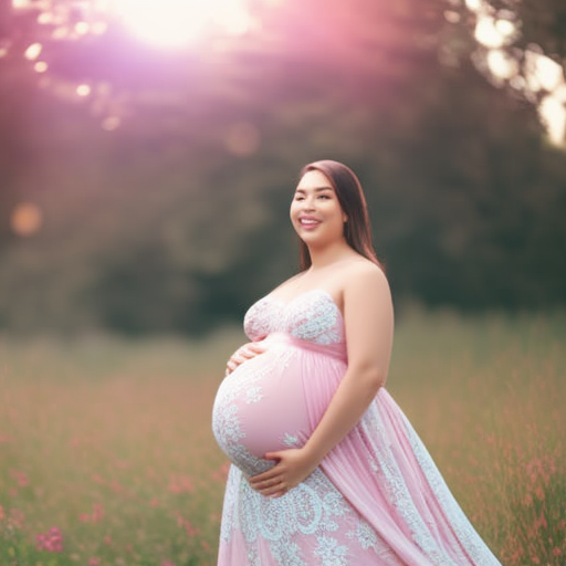 An image showcasing a radiant plus-size pregnant woman embracing her growing belly, elegantly dressed in a flowing floral maternity dress