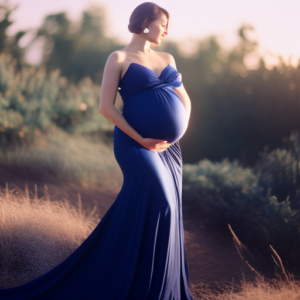 An image capturing the elegance of maternity evening wear: A glowing woman, draped in a flowing midnight blue gown, her delicate curves emphasized by the gentle sway of the fabric, radiating confidence and grace