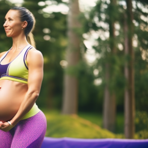 An image showcasing a radiant expectant mother wearing form-fitting, breathable yoga pants, paired with a supportive, stylish sports bra, completing her workout ensemble with comfortable, cushioned trainers perfect for maternity exercise