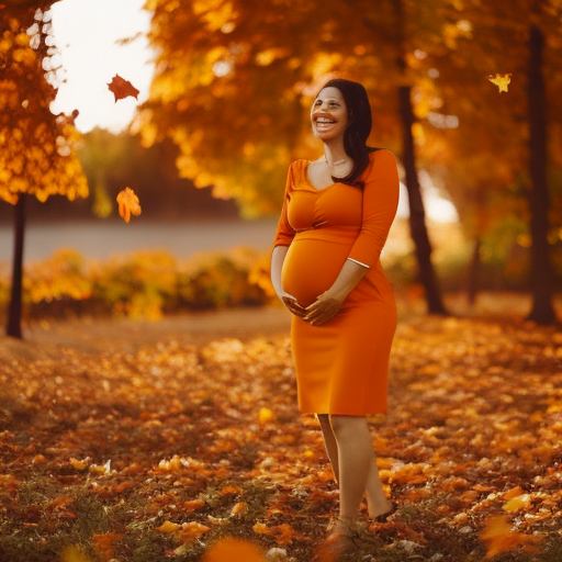 An image showcasing a radiant expectant mother wearing a form-fitting, knee-length, burnt orange dress with a floral pattern, accentuating her blossoming belly, surrounded by falling leaves in vibrant autumn hues