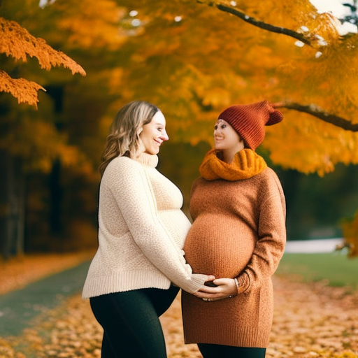 An image showcasing a cozy fall scene with a pregnant woman wearing a soft, oversized camel-colored cable-knit sweater, paired with dark leggings and ankle boots
