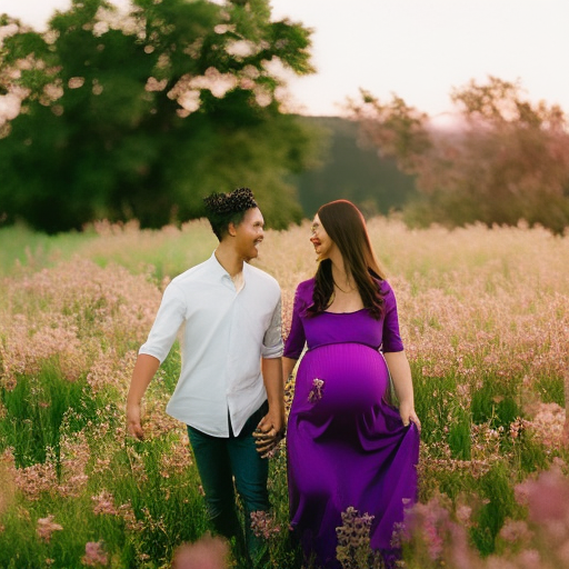 a playful moment between siblings as they giggle and hold hands while strolling through a vibrant field of wildflowers, their colorful dresses blending with the blooming scenery, creating a picturesque Maternity Family Photoshoot idea