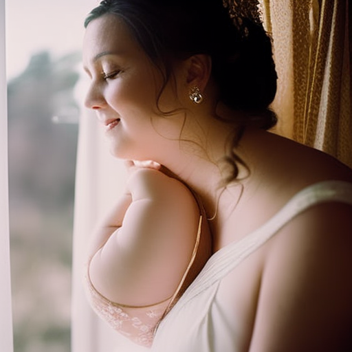 E a radiant mother-to-be, tenderly cradling her growing belly, bathed in the soft glow of natural light that cascades through sheer curtains, capturing the essence of anticipation and love in the intimate comfort of their home