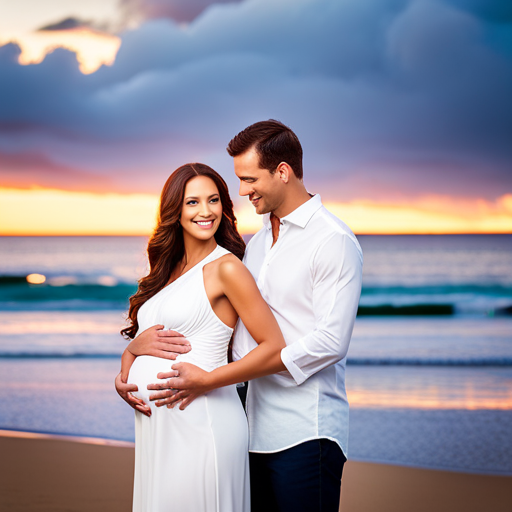 An image showcasing a serene beach backdrop with soft golden sunlight, casting a warm glow on a blissful pregnant couple, capturing the essence of a perfect location for a maternity family photoshoot