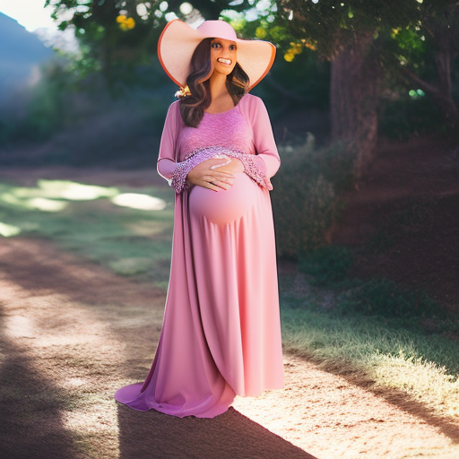 An image featuring a stylish pregnant woman wearing maternity flare leggings paired with a flowy, pastel-colored tunic and accessorized with a wide-brimmed hat, ankle boots, and a statement necklace