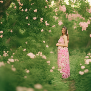 An enchanting image of a radiant expectant mother gracefully donning a blooming floral dress, showcasing delicate pastel blossoms amidst a backdrop of lush greenery, evoking a serene and feminine ambiance