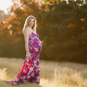 Maternity Friendly Dresses 8 An image showcasing a radiant expectant mother gracefully wearing a flowing, floral-printed maxi dress that accentuates her blossoming belly
