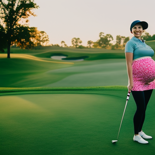 An image showcasing a pregnant woman on a golf course, dressed in breathable and moisture-wicking maternity golf clothes