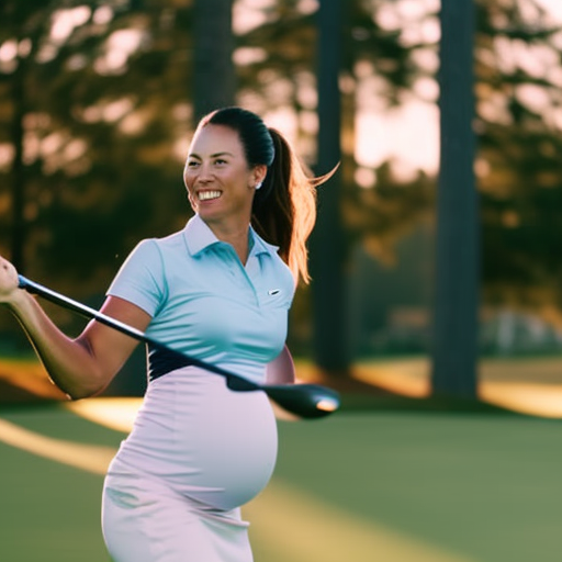 An image featuring a radiant pregnant golfer confidently swinging her club, wearing a form-fitting maternity golf bra that provides ample support