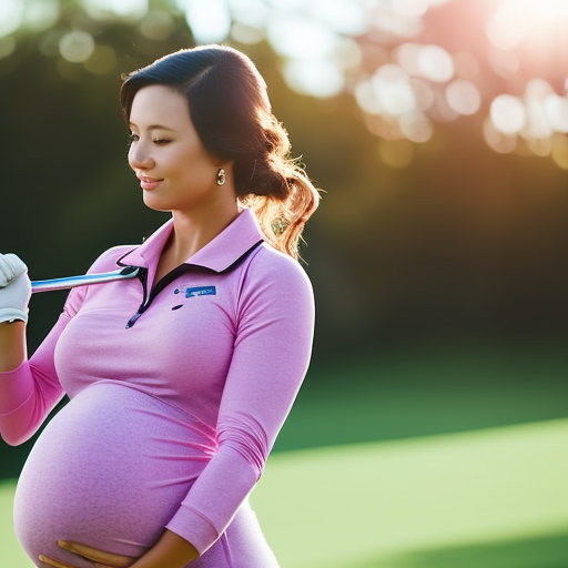 An image that showcases a glowing pregnant woman confidently swinging a golf club, wearing comfortable and stylish maternity golf clothes