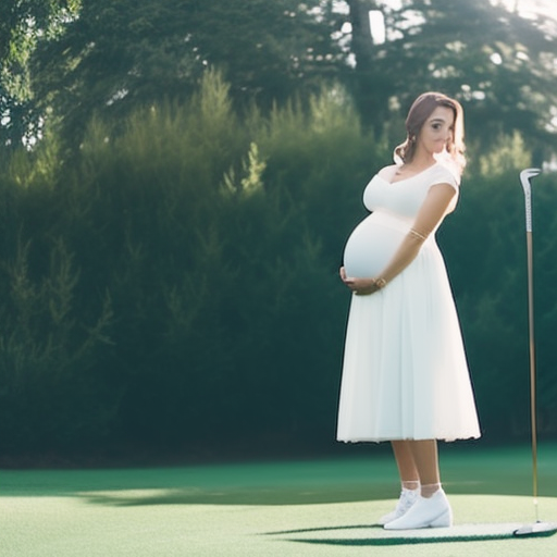 An image showcasing a pregnant woman, elegantly dressed in golf attire designed for maternity