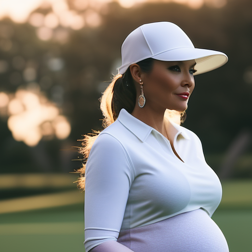 An image showcasing a radiant, expectant mother confidently donning a chic maternity golf hat or visor, accentuating her stylish golf attire