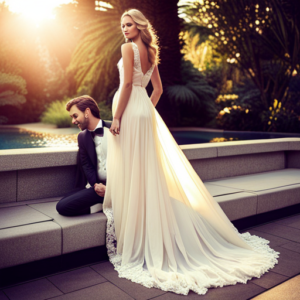 the ethereal beauty of a pregnant bride in a flowing, lace-trimmed maternity gown