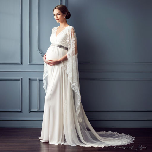 An image showcasing a pregnant bride wearing a flowing maternity gown adorned with a delicate lace veil and a sparkling belt, accentuating her blossoming figure