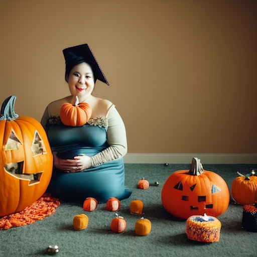 An image featuring a crafty mom-to-be wearing a homemade maternity Halloween costume, surrounded by colorful fabric, sewing needles, and a pumpkin-shaped pin cushion, showcasing her creativity and love for crafting