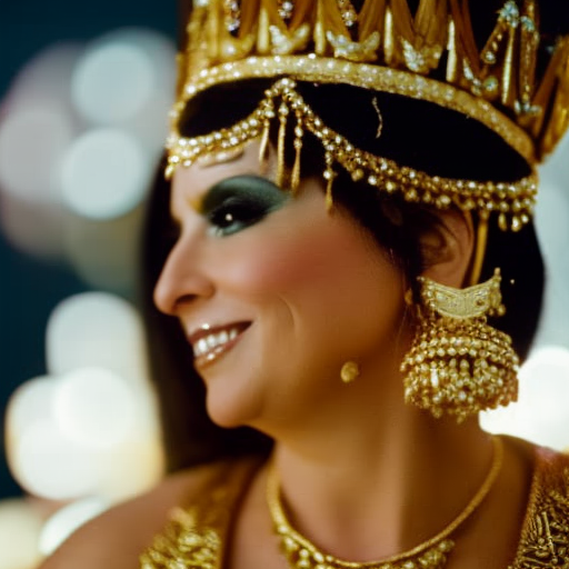 An image showcasing a radiant, expectant mother donning an opulent Cleopatra costume, adorned with shimmering gold accents and a regal headdress, exuding elegance and glamour for a memorable maternity Halloween ensemble