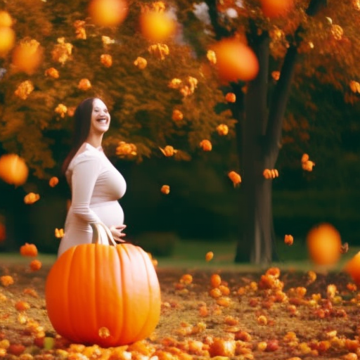 An image showcasing a pregnant woman dressed as a whimsical pumpkin, her rounded belly painted orange and adorned with a cute jack-o'-lantern face