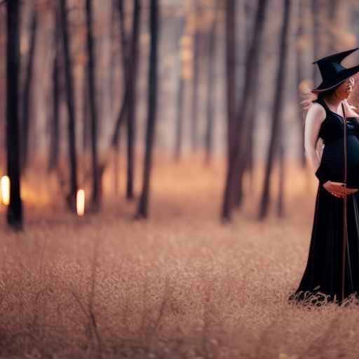 An image showcasing a pregnant woman dressed as a bewitching witch, complete with a flowing black gown, a pointed hat, a broomstick, and a glowing baby bump adorned with a tiny witch hat