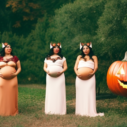 An intriguing image featuring two expectant mothers, each dressed in unique Halloween costumes, showcasing their baby bumps adorned with creative designs, while playfully comparing their outfits to highlight the theme of Maternity Halloween Costumes for Twins or Multiples