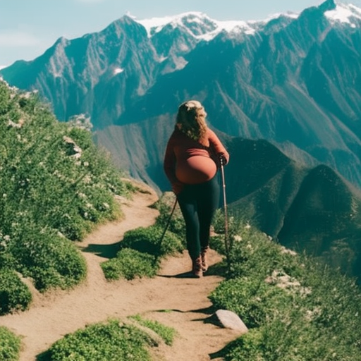 An image showcasing a pregnant woman confidently navigating a rugged mountain trail, wearing comfortable and supportive maternity hiking pants