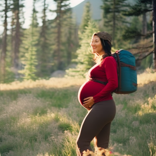 An image showcasing a pregnant woman confidently wearing maternity hiking pants while pairing them with a cozy oversized sweater, sturdy boots, and a trendy backpack, emphasizing the versatility and style of these pants