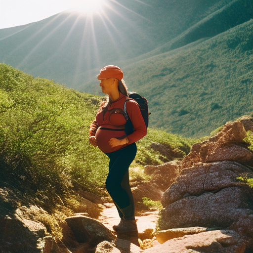 An image showcasing a pregnant woman confidently hiking up a rocky trail, wearing maternity hiking pants with reinforced knee panels, adjustable waistband, and moisture-wicking fabric for ultimate comfort and functionality