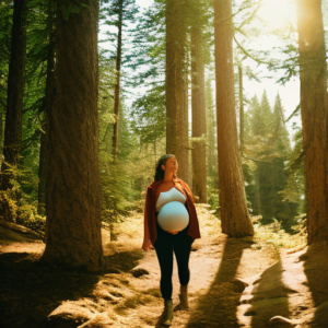 An image capturing a glowing mother-to-be exploring a scenic trail amidst towering trees, clad in comfortable maternity hiking pants