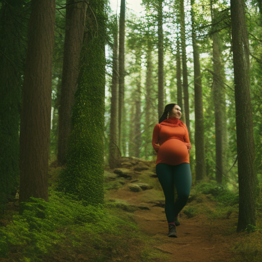 An image showcasing a radiant pregnant woman confidently hiking through a lush forest, wearing comfortable maternity hiking pants that provide ample belly support, unrestricted movement, and moisture-wicking fabric for ultimate comfort