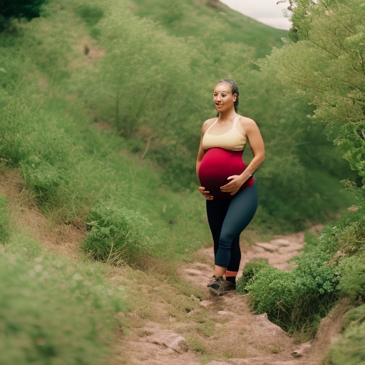 An image featuring a pregnant woman confidently hiking uphill, surrounded by lush greenery