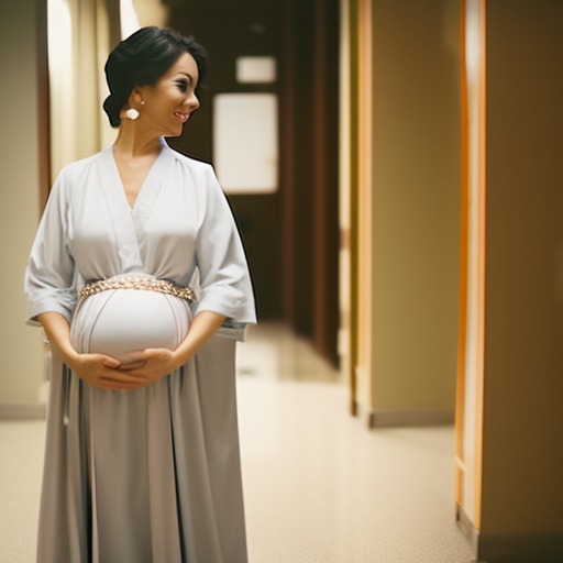 An image showcasing a radiant expectant mother, elegantly draped in a maternity hospital gown that boasts a chic and fashionable design, reflecting the stylish options available for every woman during this special time