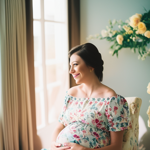 An image featuring a contented mother-to-be sitting comfortably in a soft, pastel-colored maternity hospital gown, adorned with delicate floral patterns