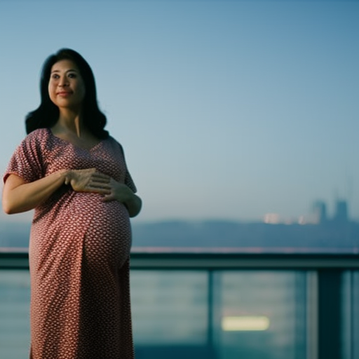 An image showcasing a pregnant woman comfortably wearing a stylish, fitted maternity hospital gown, contrasting with a generic, ill-fitting traditional hospital gown