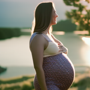 An image showcasing a radiant pregnant woman, gently cradling her baby bump, as she confidently rocks a pair of stylish maternity jean shorts