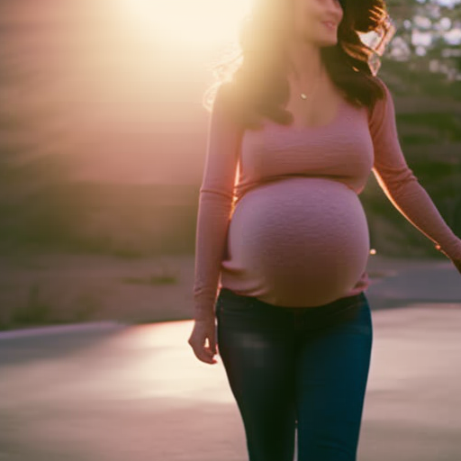 An image showcasing a blissful pregnant woman wearing stylish Abercrombie maternity jeans, highlighting their comfortable fit, stretchy waistband, and trendy design
