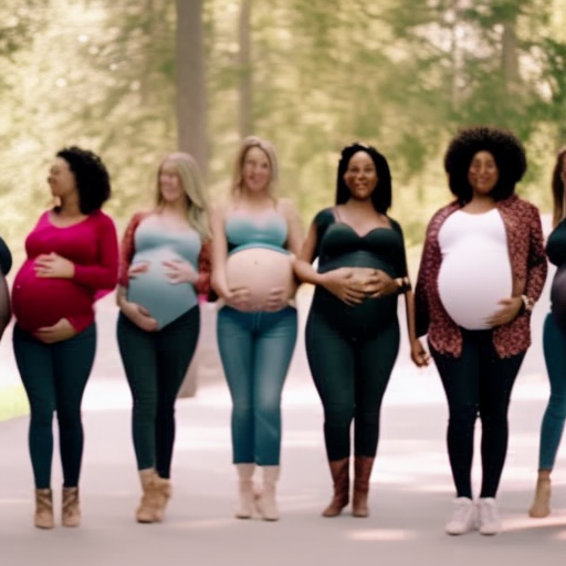 An image showcasing a diverse group of pregnant women confidently flaunting their baby bumps while wearing Abercrombie maternity jeans