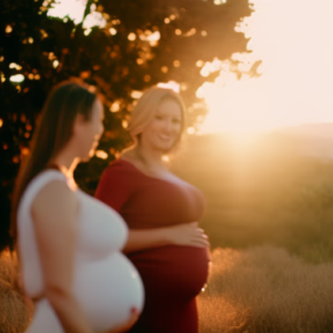 An image showcasing a radiant expecting mother, wearing Abercrombie maternity jeans