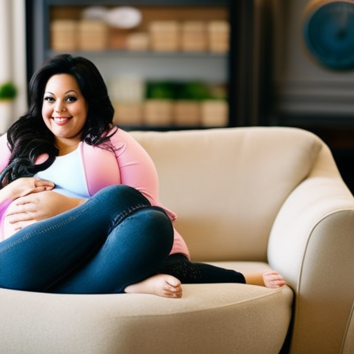 An image featuring a plus-size mom-to-be gracefully reclining on a plush, oversized sofa, wearing a pair of maternity jeans designed to provide ultimate comfort